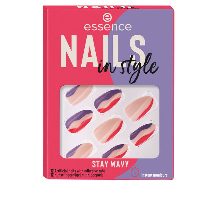 Set of 12 glossy wavy press-on nails in neutral hue with adhesive tabs