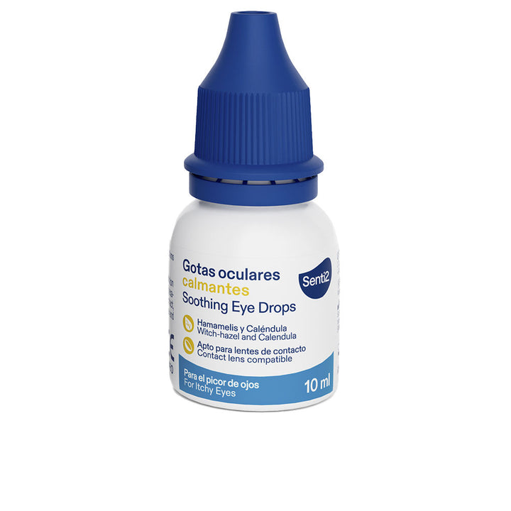 Senti2 Small white and blue plastic eye drop bottle with blue ribbed cap, printed label, and dropper tip
