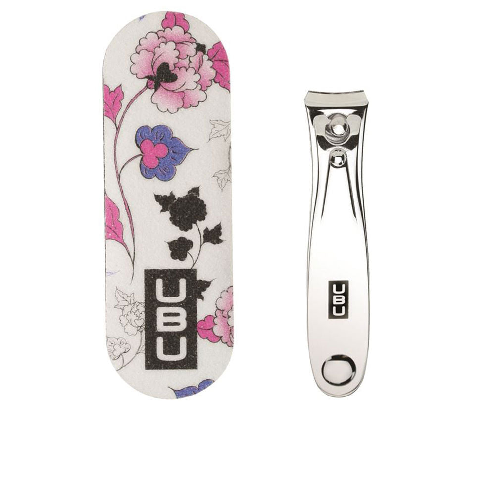 Sleek metallic nail clipper and floral emery board in white, pink, purple, black, silver — Ubu - Urban Beauty United
