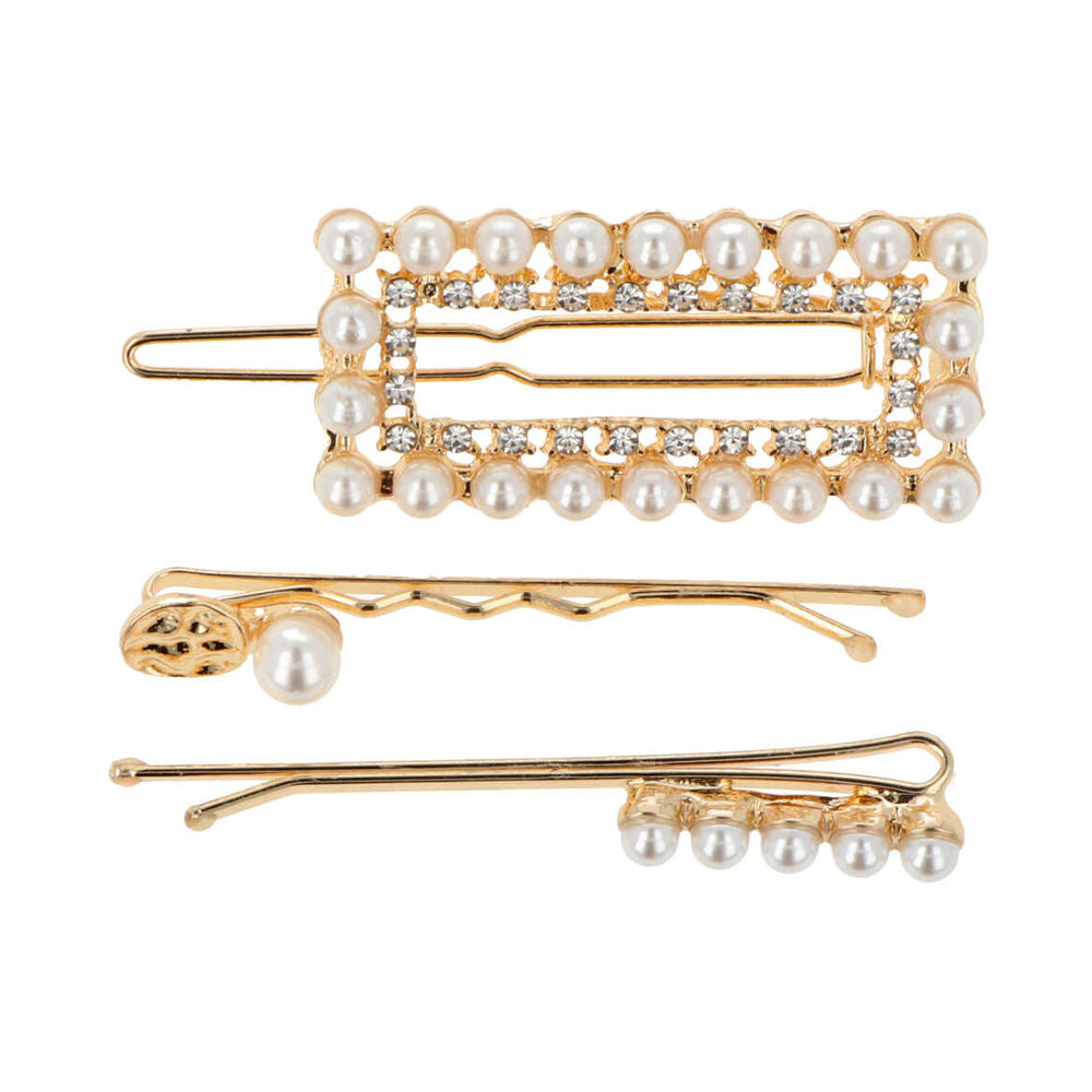 Inca Set of three gold metal hair clips with white faux pearls, rhinestones and rectangular frames
