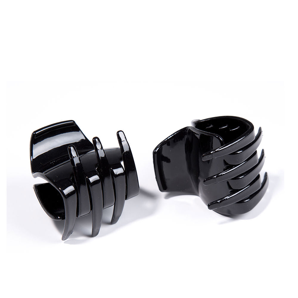Inca Black mid-size plastic hair claw with curved prongs, glossy finish, open claw design, spring hinge