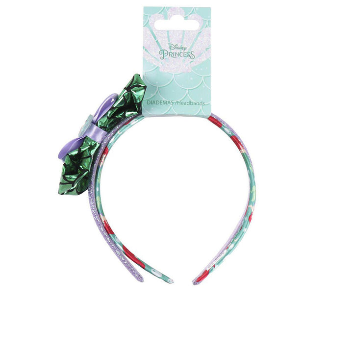 Inca Green, purple, red, light-blue fabric headband with patterned band, glittery purple trim and metallic bow