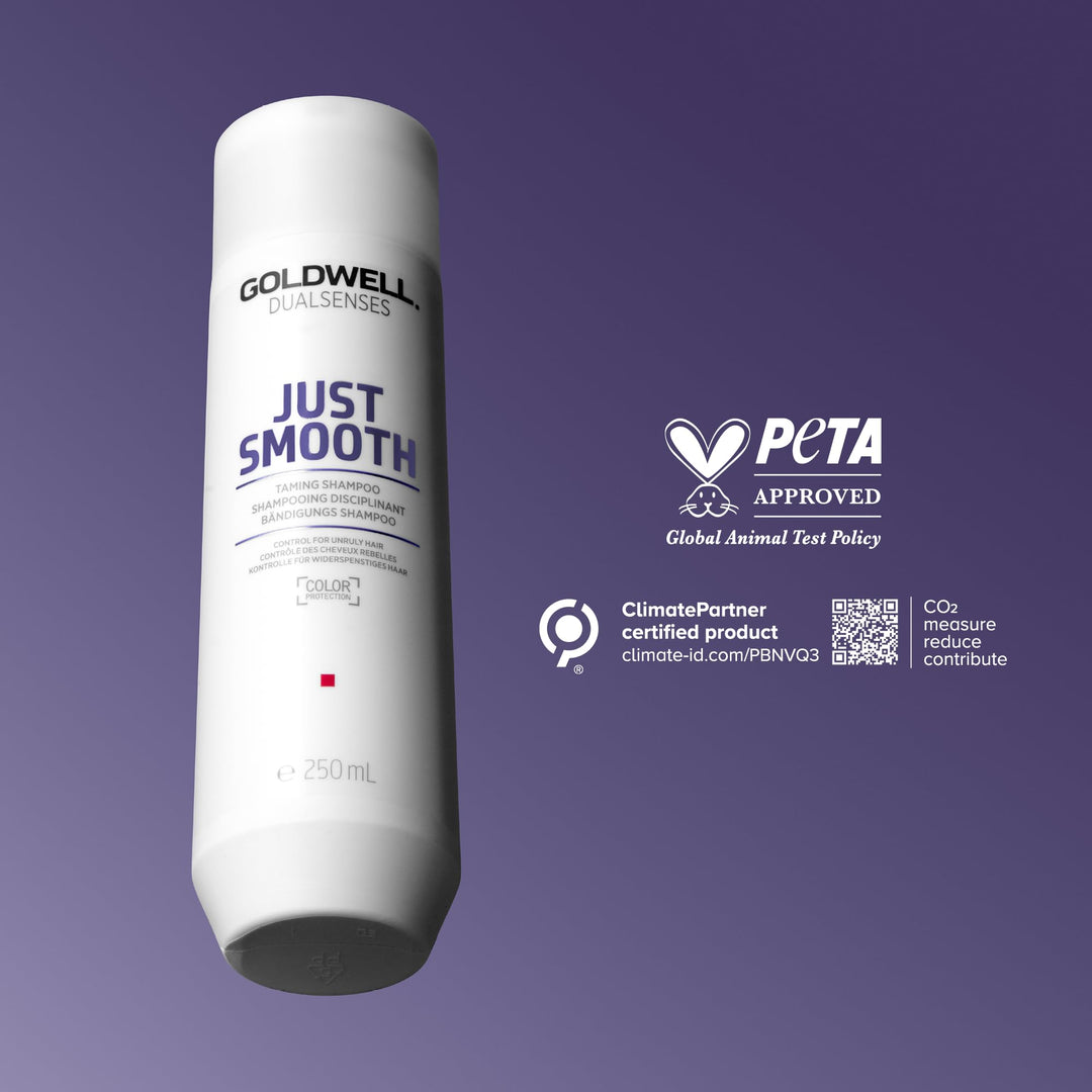 1,000 ml amber shampoo bottle labelled Just Smooth, smoothing shampoo