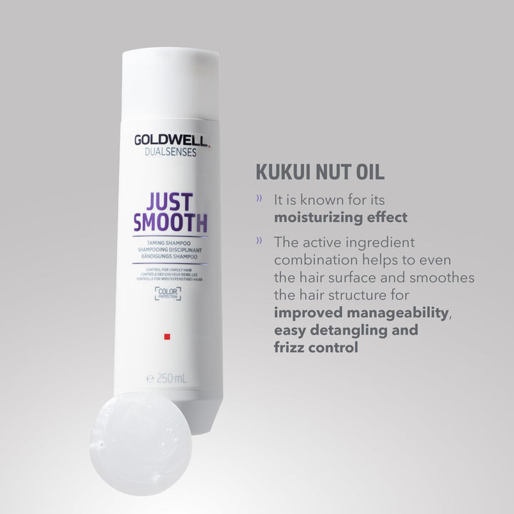 1,000 ml amber shampoo bottle labelled Just Smooth, smoothing shampoo