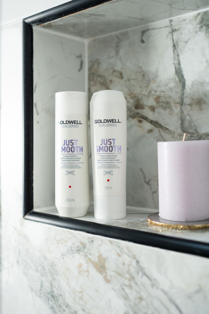 1,000 ml amber shampoo bottle labelled Just Smooth, smoothing shampoo