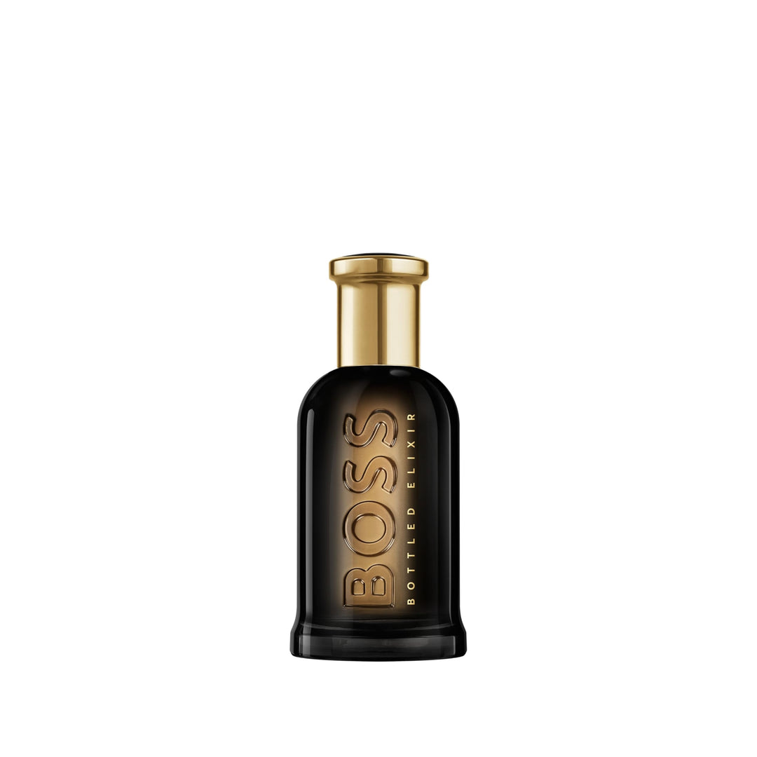 50 ml amber‑woody parfum in black glass bottle with gold centre detail.