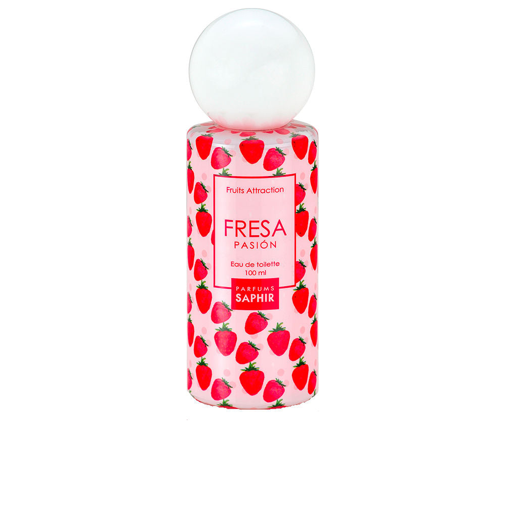 Parfums Saphir Playful cylindrical pink bottle with strawberry pattern, round white cap, front text label