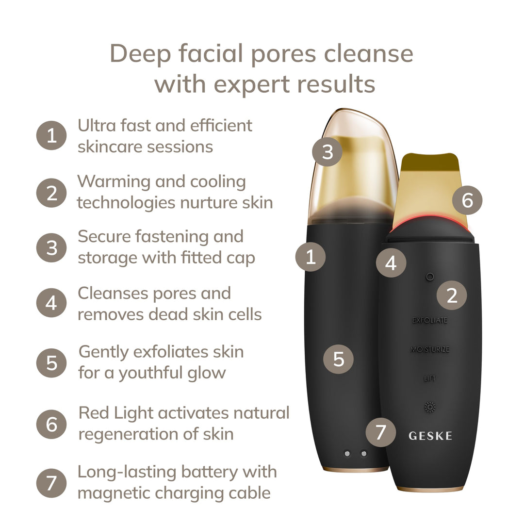 Matte black 9-in-1 microcurrent skin scrubber with app guidance, compact handheld device