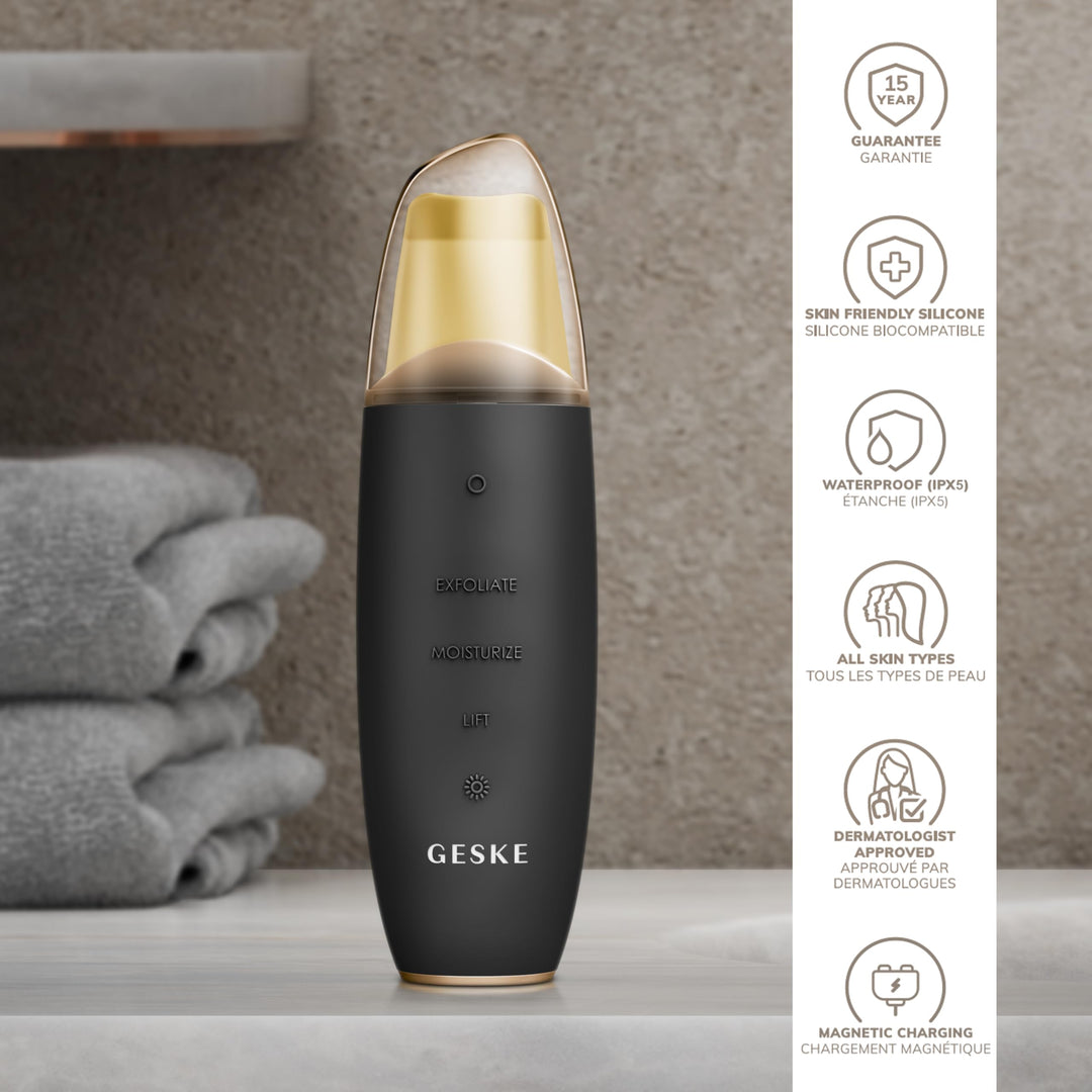 Matte black 9-in-1 microcurrent skin scrubber with app guidance, compact handheld device