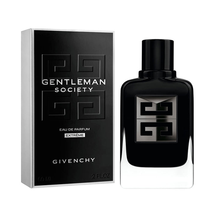 Givenchy Black glass perfume bottle with rectangular shape, metallic logo plaque, glossy finish, rounded edges
