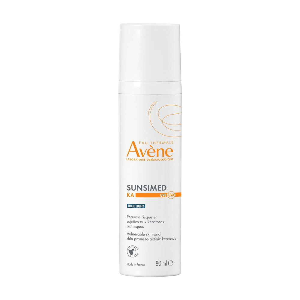 Slim white plastic lip balm tube with flip-top cap, printed text and logos, small size, Avène