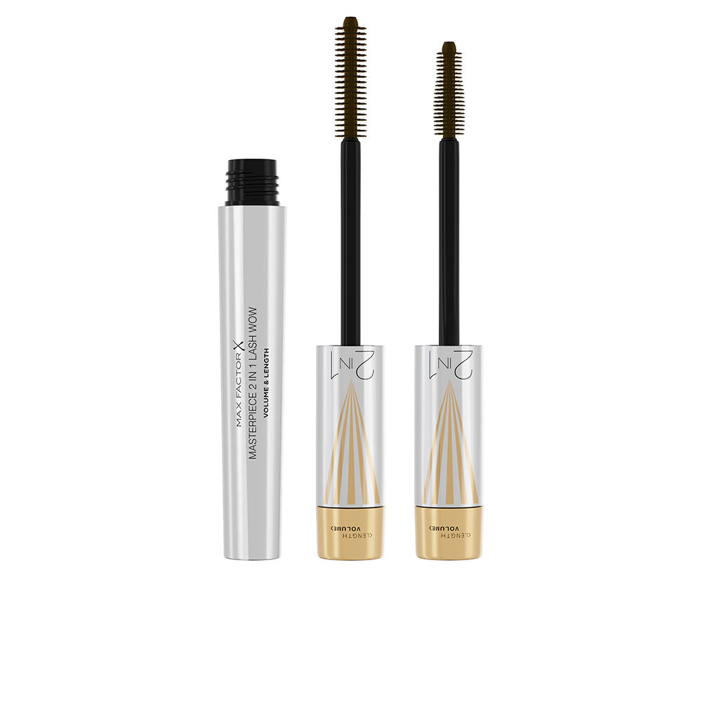 Tube of dual-action mascara, matte black-brown, multifunctional brush shown
