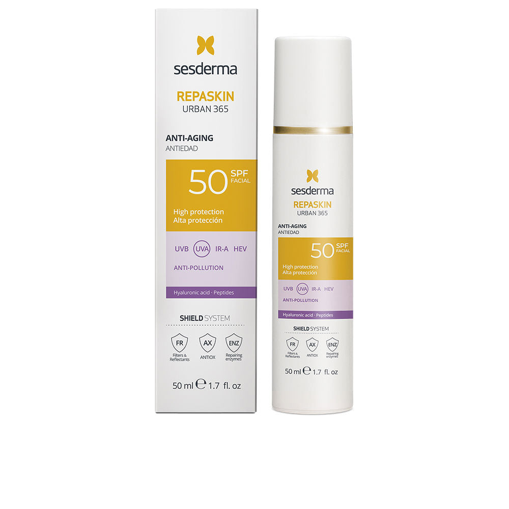Sesderma White pump facial sunscreen bottle with yellow and purple accents and gold butterfly logo, minimalist packaging.
