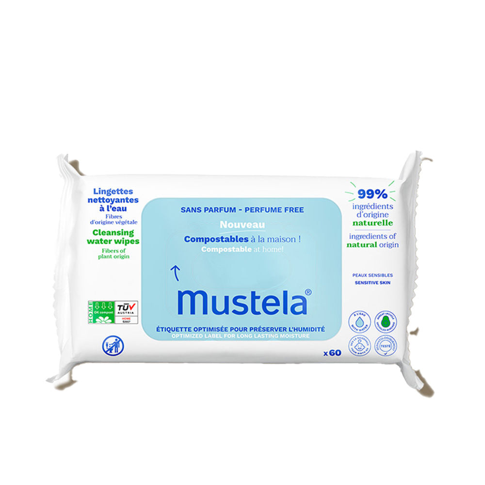 Pack of Mustela unscented compostable baby wipes made from plant fibers
