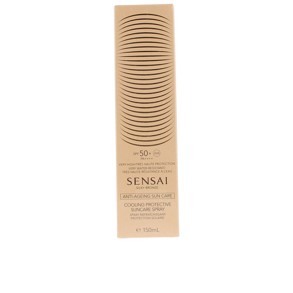 Beige suncare spray bottle with vertical black curved lines, SENSAI text and SPF 50+ PA++++ label