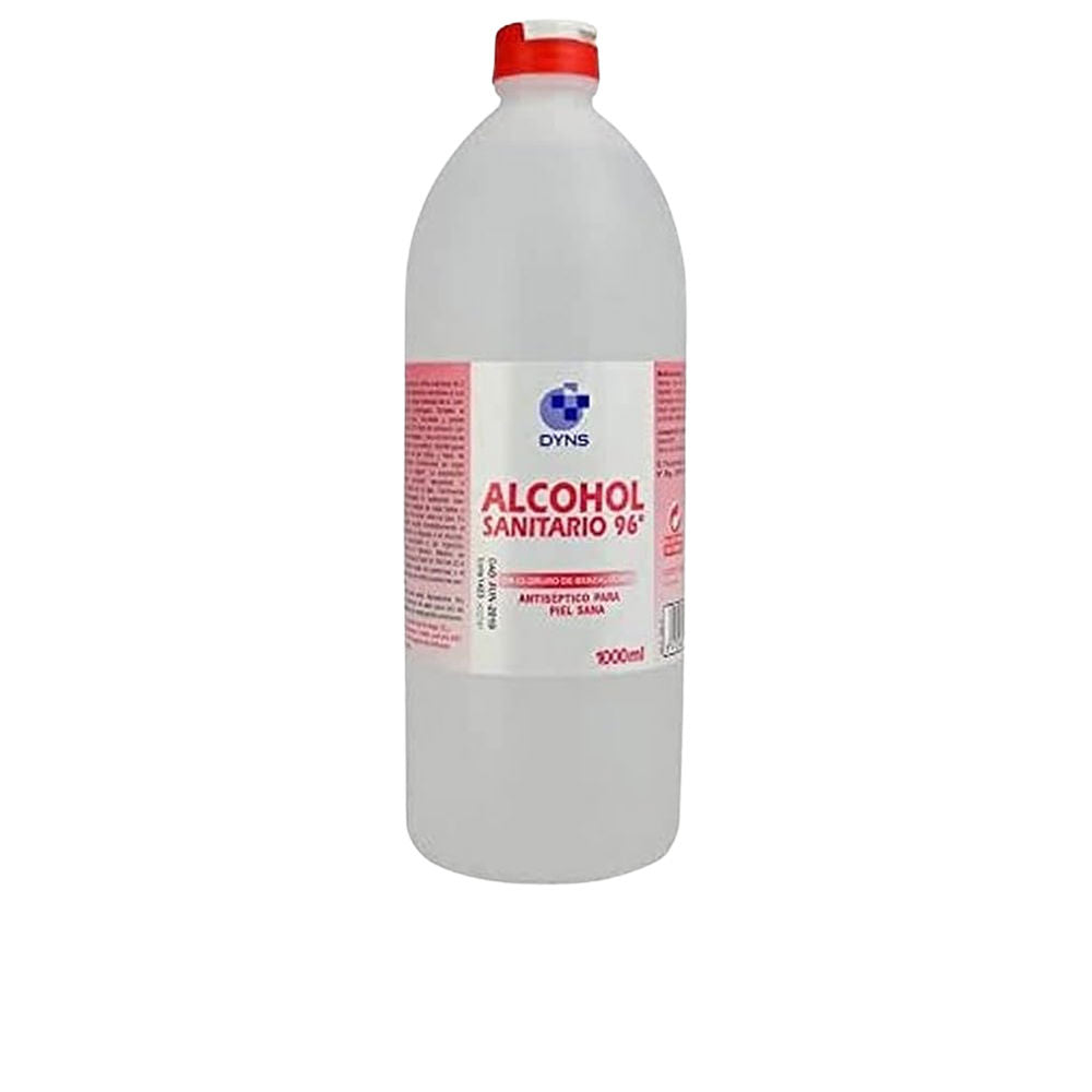 Clear 1 L bottle of 96º ethyl sanitary alcohol with dispensing cap