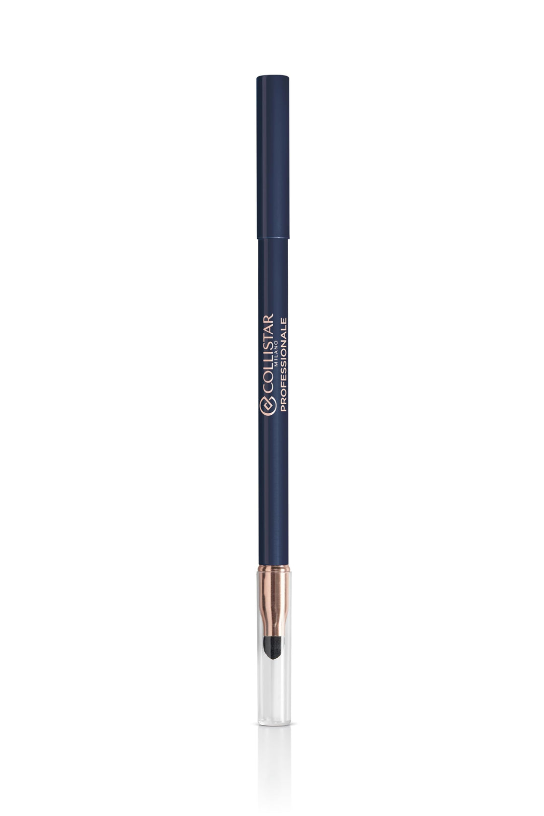 Deep blue retractable eye pencil with smudged swatch and built‑in applicator