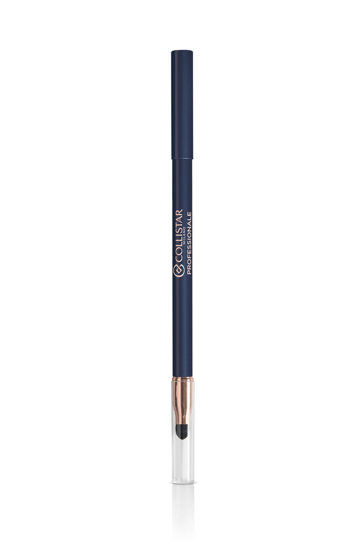 Deep blue retractable eye pencil with smudged swatch and built‑in applicator