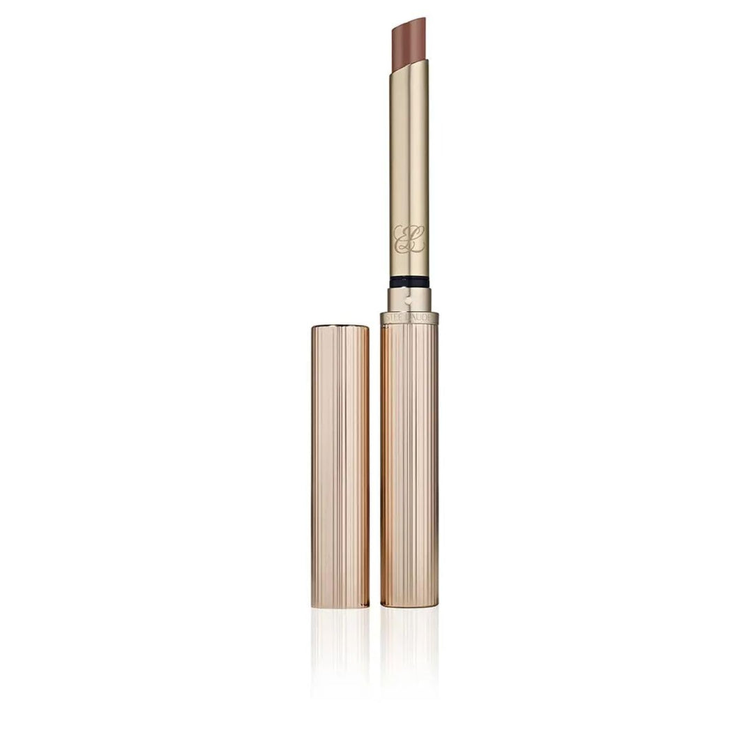 Ridge-textured rose-gold tube, brown high-shine lipstick bullet, Unisex