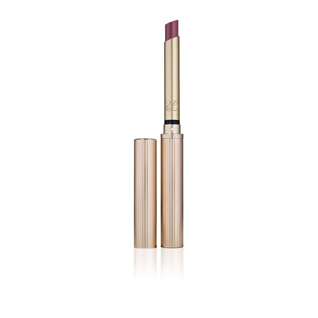 Rosy gold high‑sheen lipstick in ribbed rose‑gold case, single bullet shown