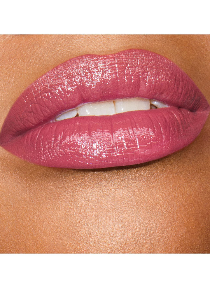 Ribbed rose‑gold cased creamy high‑sheen lipstick in rose shade, Unisex product