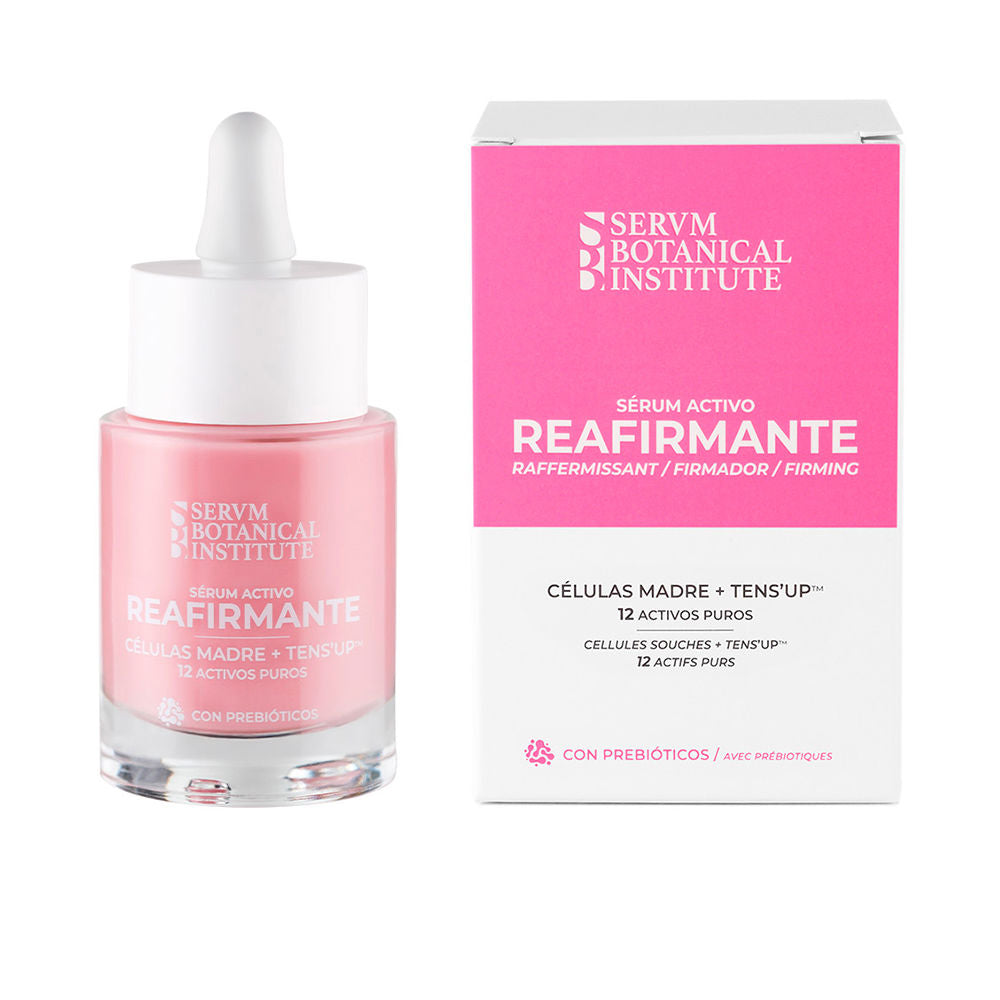 Servm Botanical Institute Pink and white glass serum bottle with dropper cap beside matching cardboard box