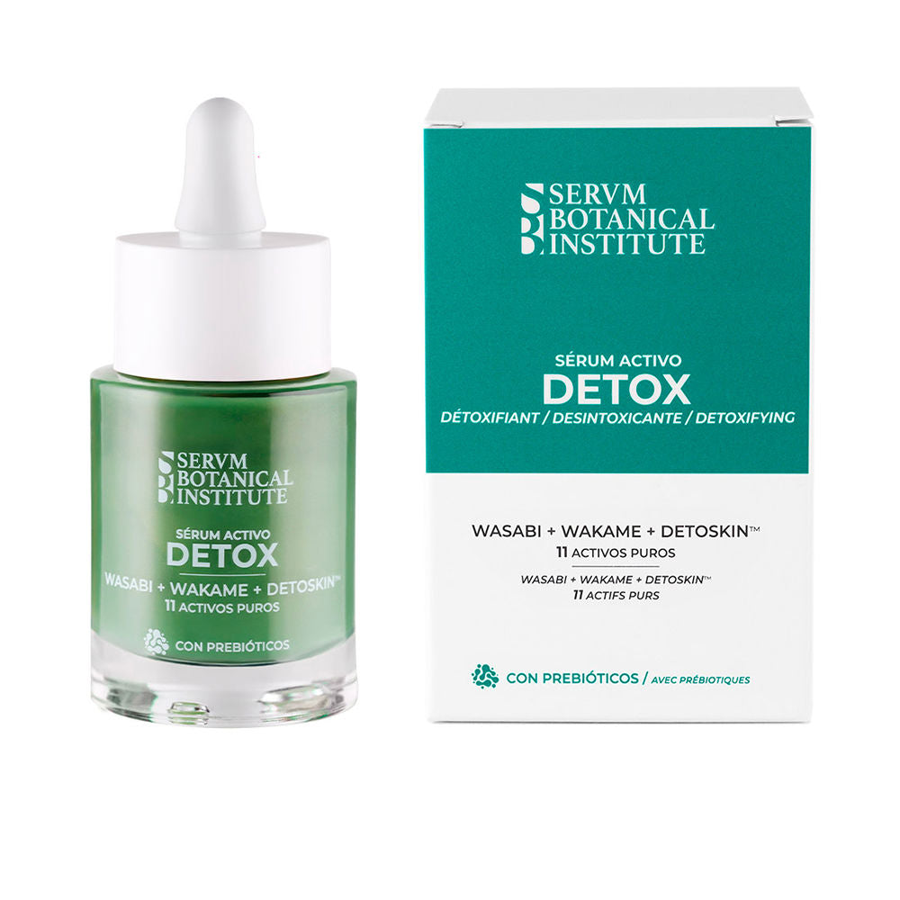 Servm Botanical Institute Glass dropper serum bottle in green, white, teal with paper box, minimalist clean design