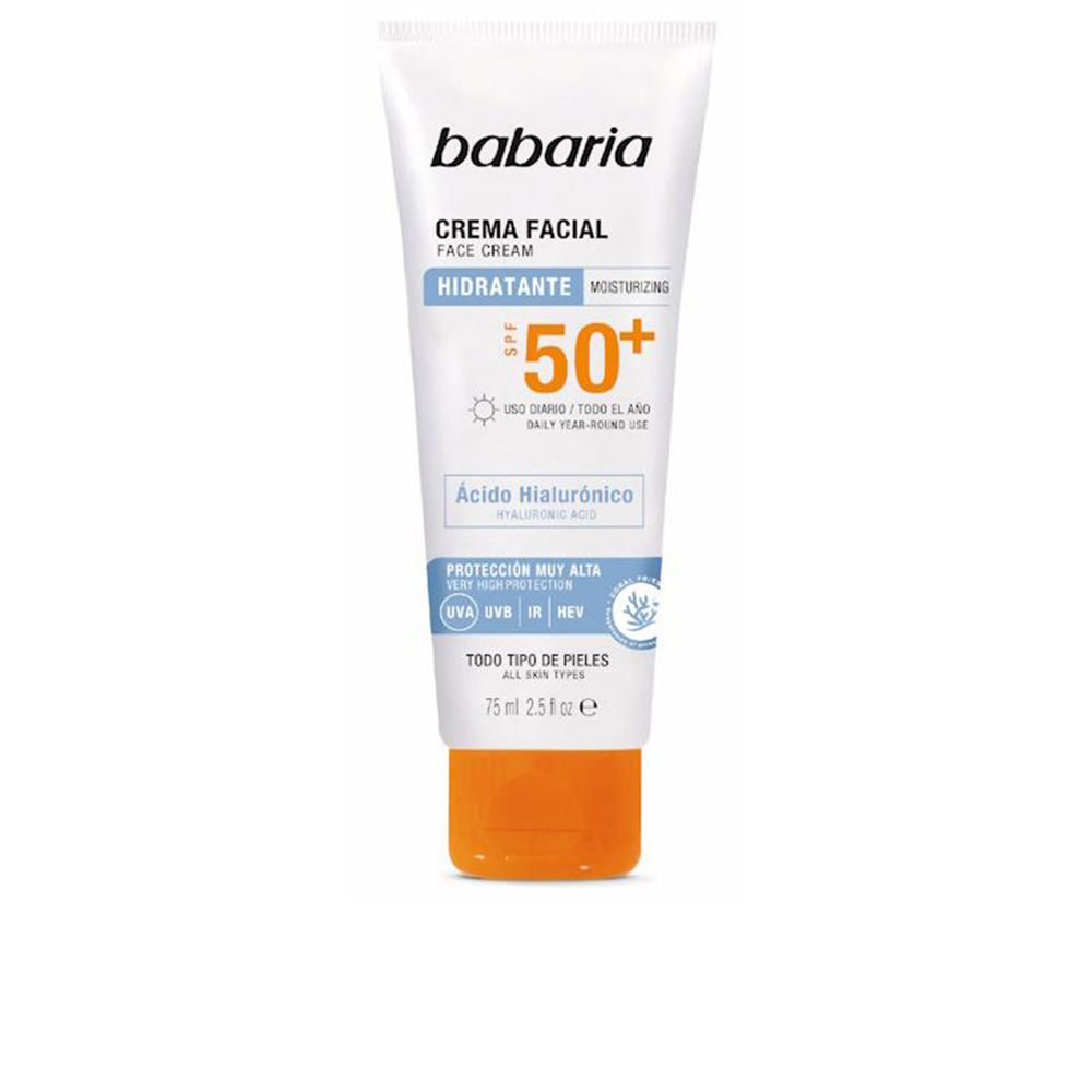 White, orange and blue plastic tube with flip-top cap, minimalist text and icons, Babaria