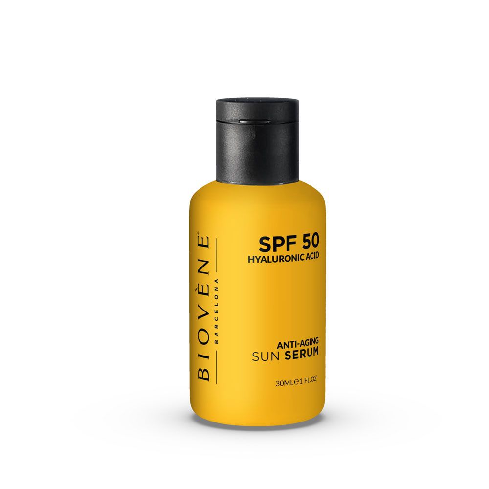 Slim bottle of Biovène hyaluronic anti‑aging sun serum SPF 50 on neutral background