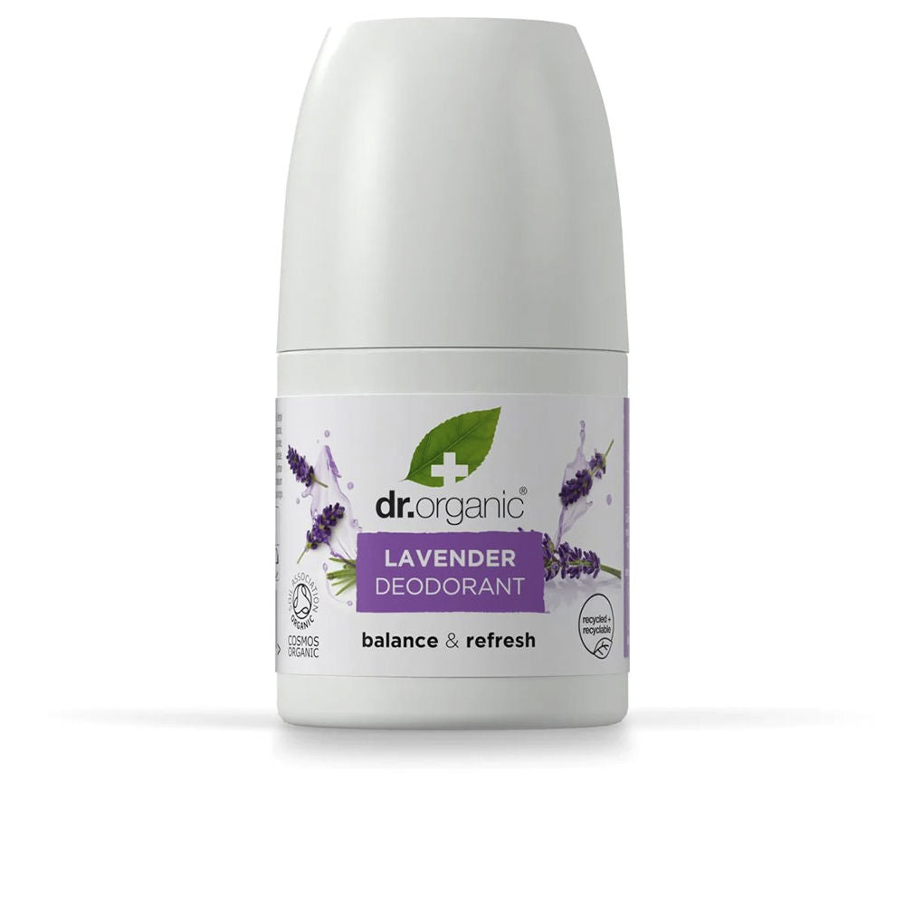 White plastic roll-on deodorant with lavender label, roll-on applicator, organic certification logos, Dr. Jules