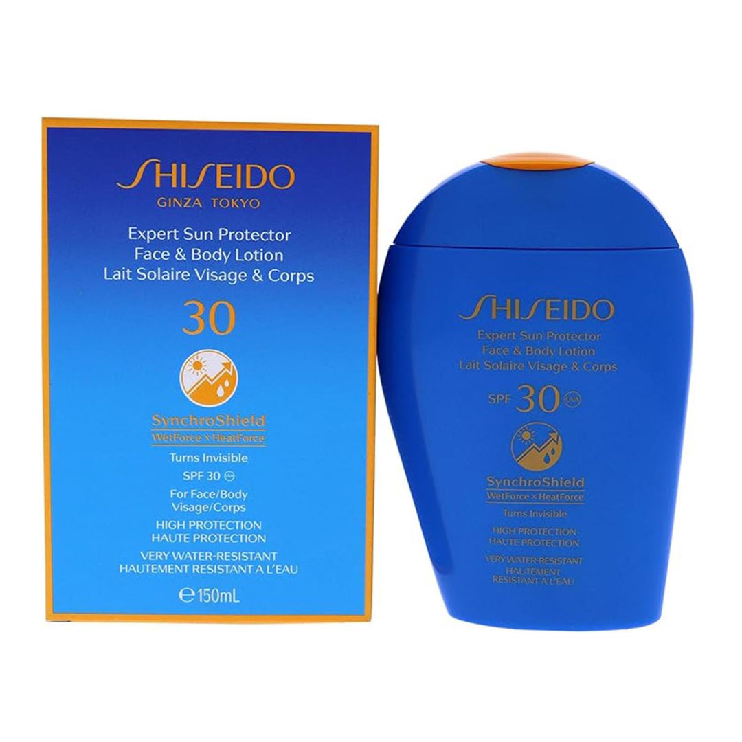 Bottle of Shiseido lotion sunscreen labeled SynchroShieldRepair™ broad‑spectrum SPF