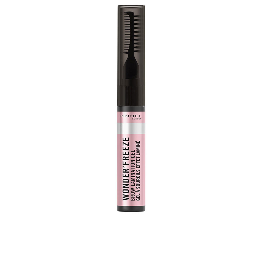 Rimmel brow lamination gel in pink and black plastic cylinder with dual-ended comb applicator.