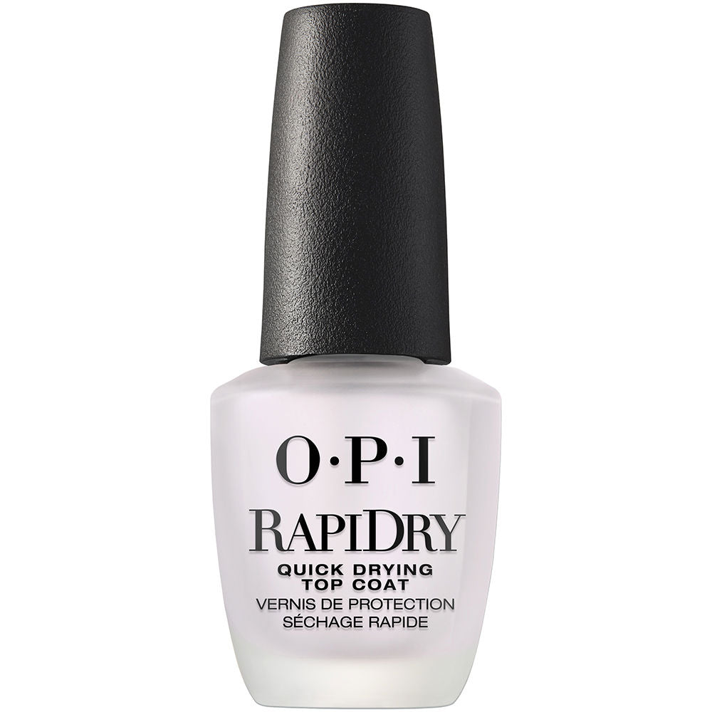 Opi RapidDry top coat in frosted glass bottle with matte black cap, printed text, rounded shape