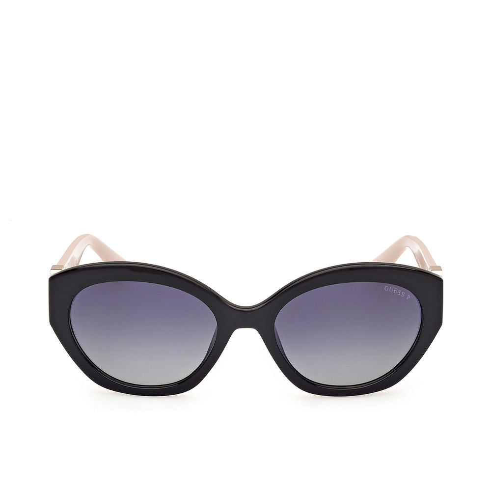 Oval black cat-eye sunglasses with beige arms and gradient gray polarized lenses, plastic frame — Guess