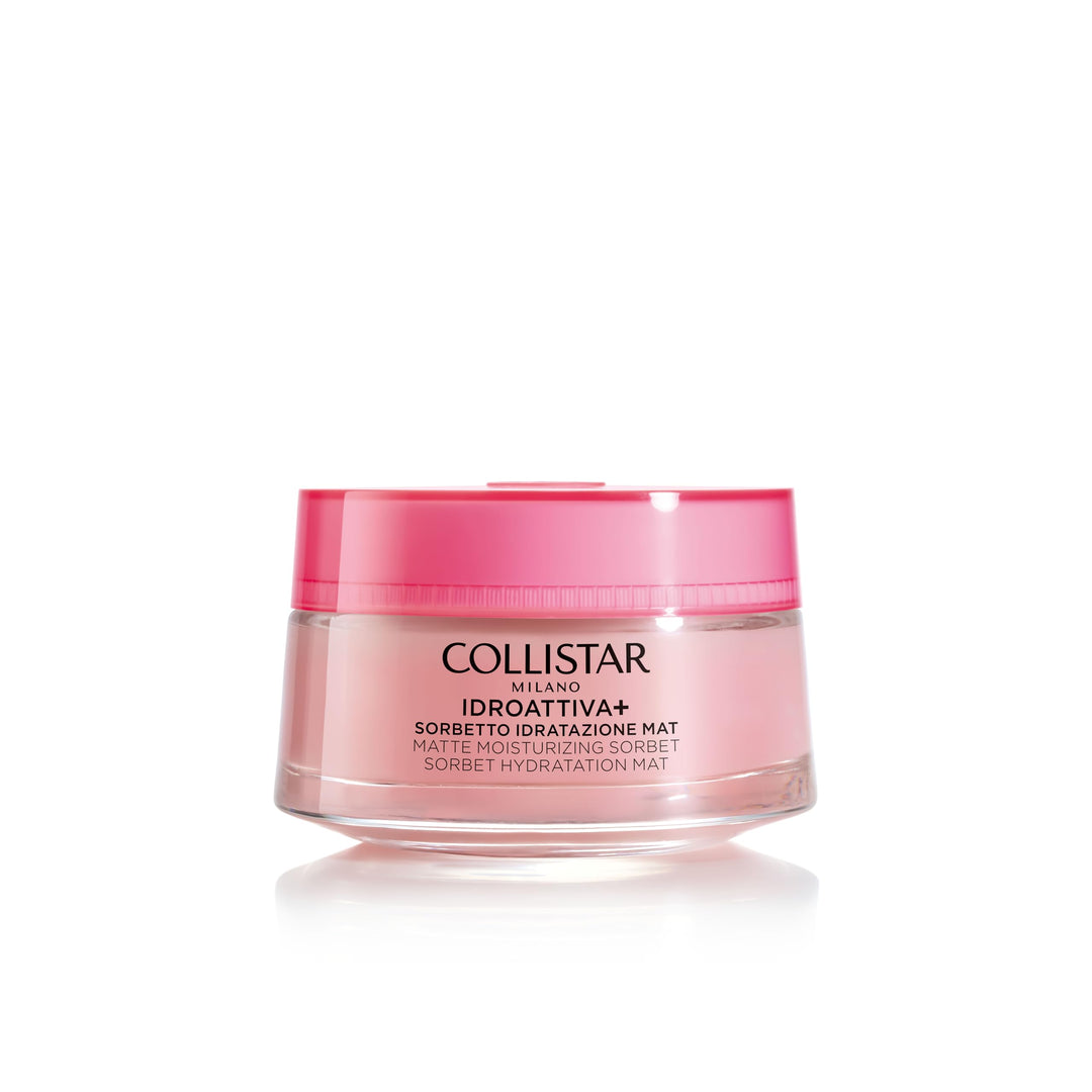 Collistar Glass jar of matte hydration sorbet with pale peach cream, minimalist label, soft matte finish
