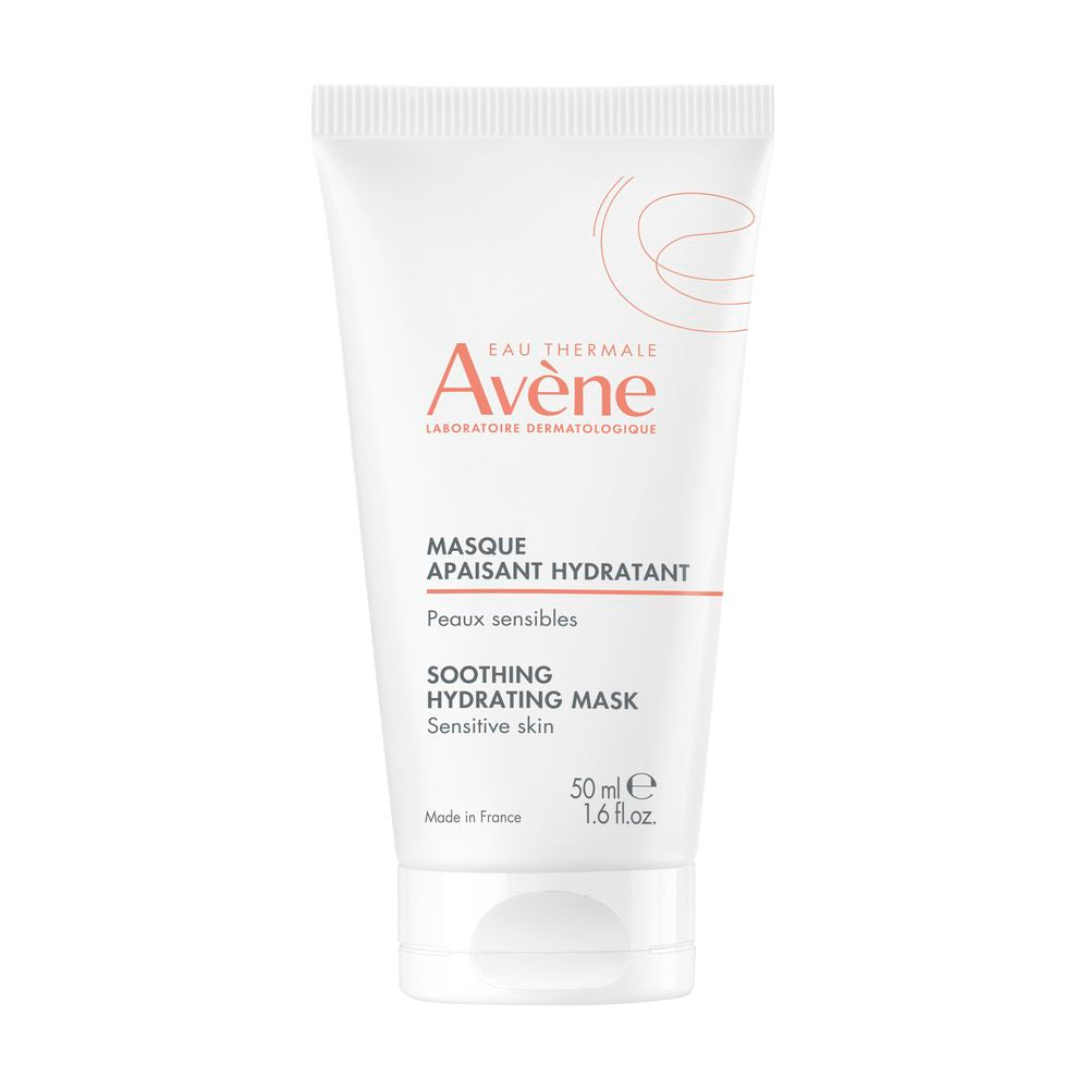 Avène White plastic tube hydrating mask with flip-top cap, printed text and logo, minimalist design