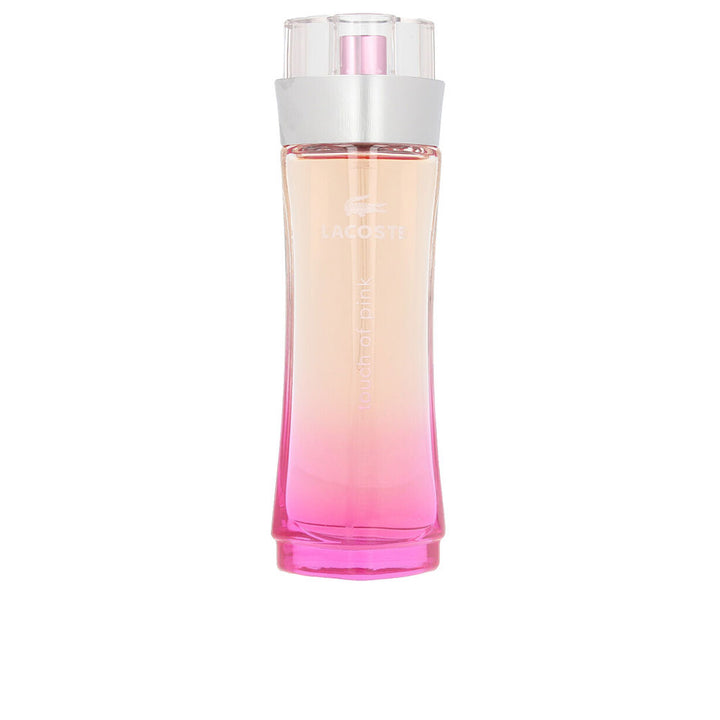Clear glass perfume bottle with pale pink liquid and silver cap, 90 ml