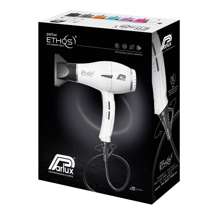 Matte white Ethos professional hair dryer with slim handle and concentrator
