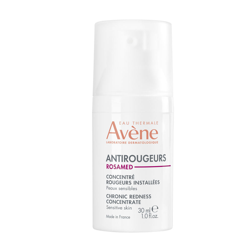 Avène White plastic skincare serum bottle with pump, printed text, logo and measurement markings