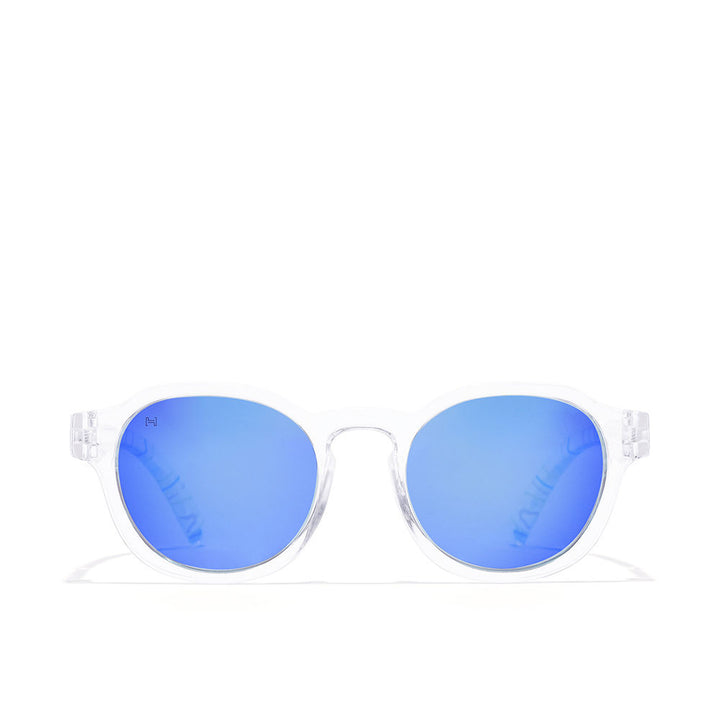 Crystal-blue round polycarbonate sunglasses, polarised lenses, 44mm lens