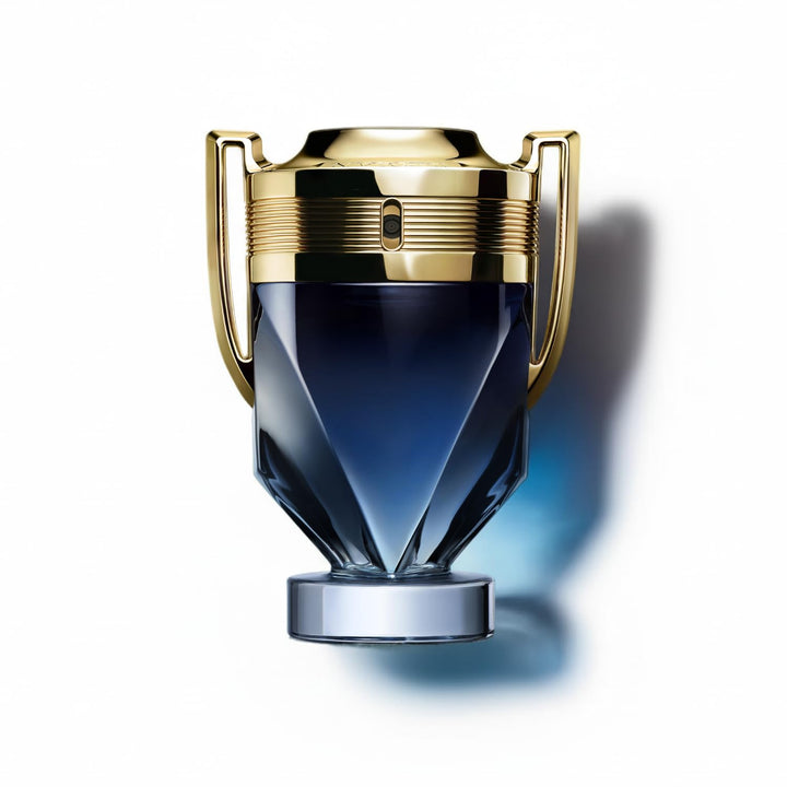 50 ml V-shaped parfum flacon, gold cap, aquatic woody scent for Man