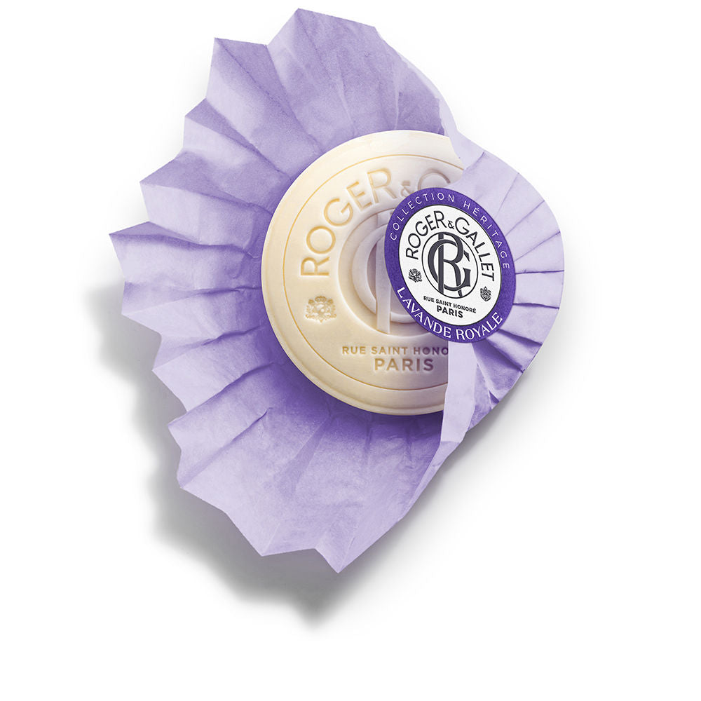 Cream and lavender round soap wrapped in purple paper with embossed text and circular label, Roger & Gallet