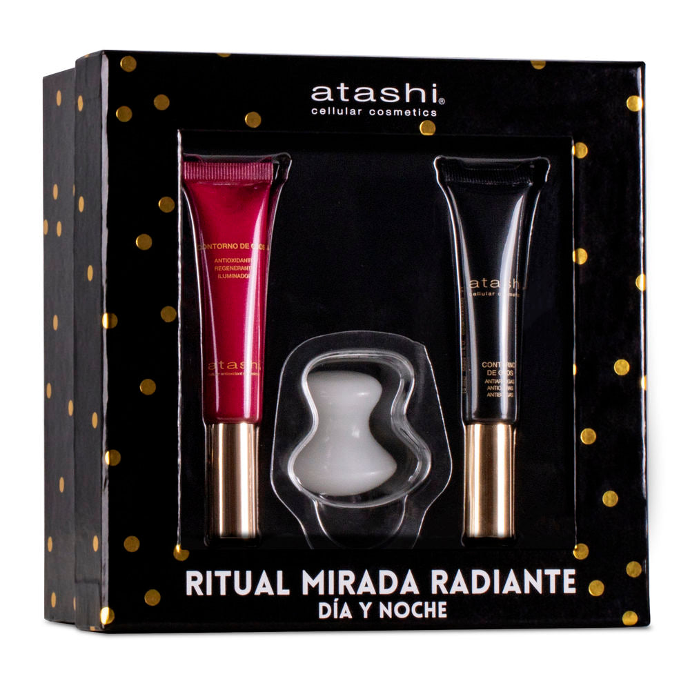 Atashi Black box with gold polka dots, two black and red tubes with gold caps, white applicator visible