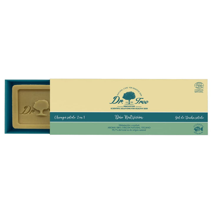 Two solid shampoo bars and travel gel, argan oil and cocoa visuals, Unisex hair set