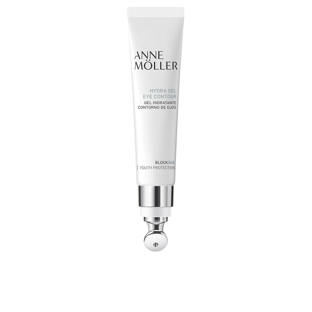 Anne Möller minimalist white eye contour gel in plastic tube with metallic roller applicator and screw cap