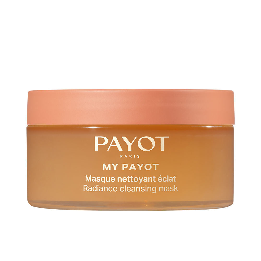 Payot translucent plastic jar of orange-peach cleansing mask, minimalist round shape with screw-on lid and printed text