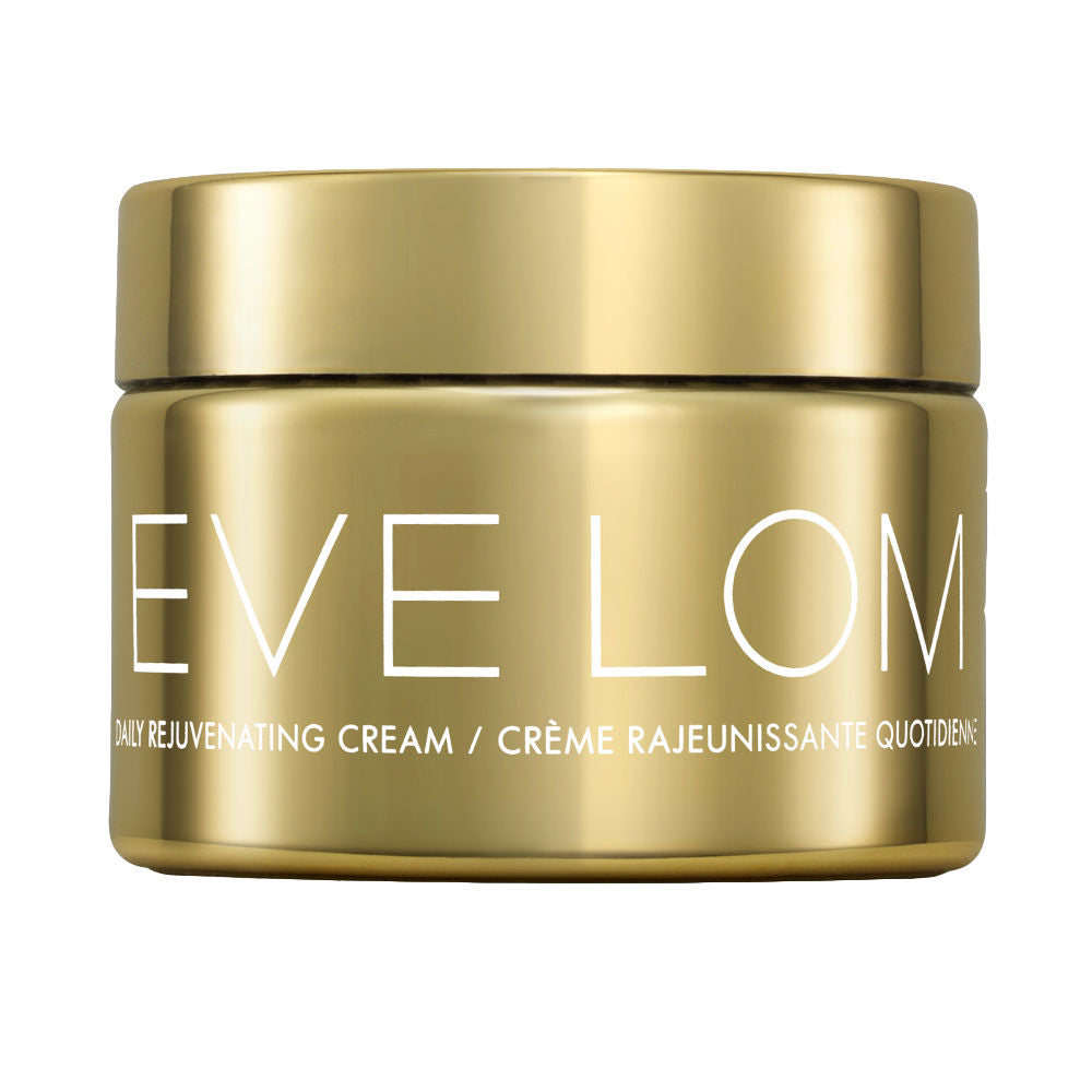 Eve Lom Gold cylindrical face cream jar with screw-on lid, metallic finish and white text branding, minimalist.