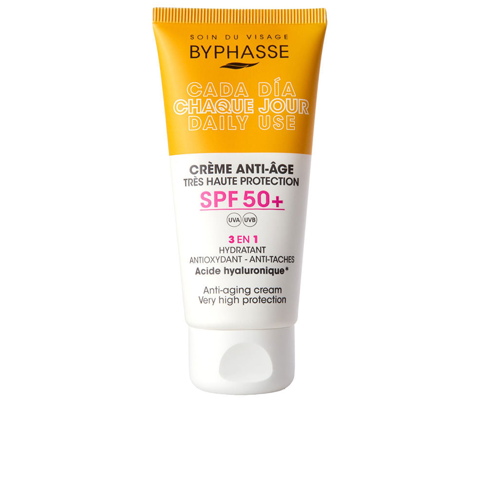 Byphasse Yellow and white plastic tube with flip-top cap, SPF 50+ label, multilingual text, brand logo