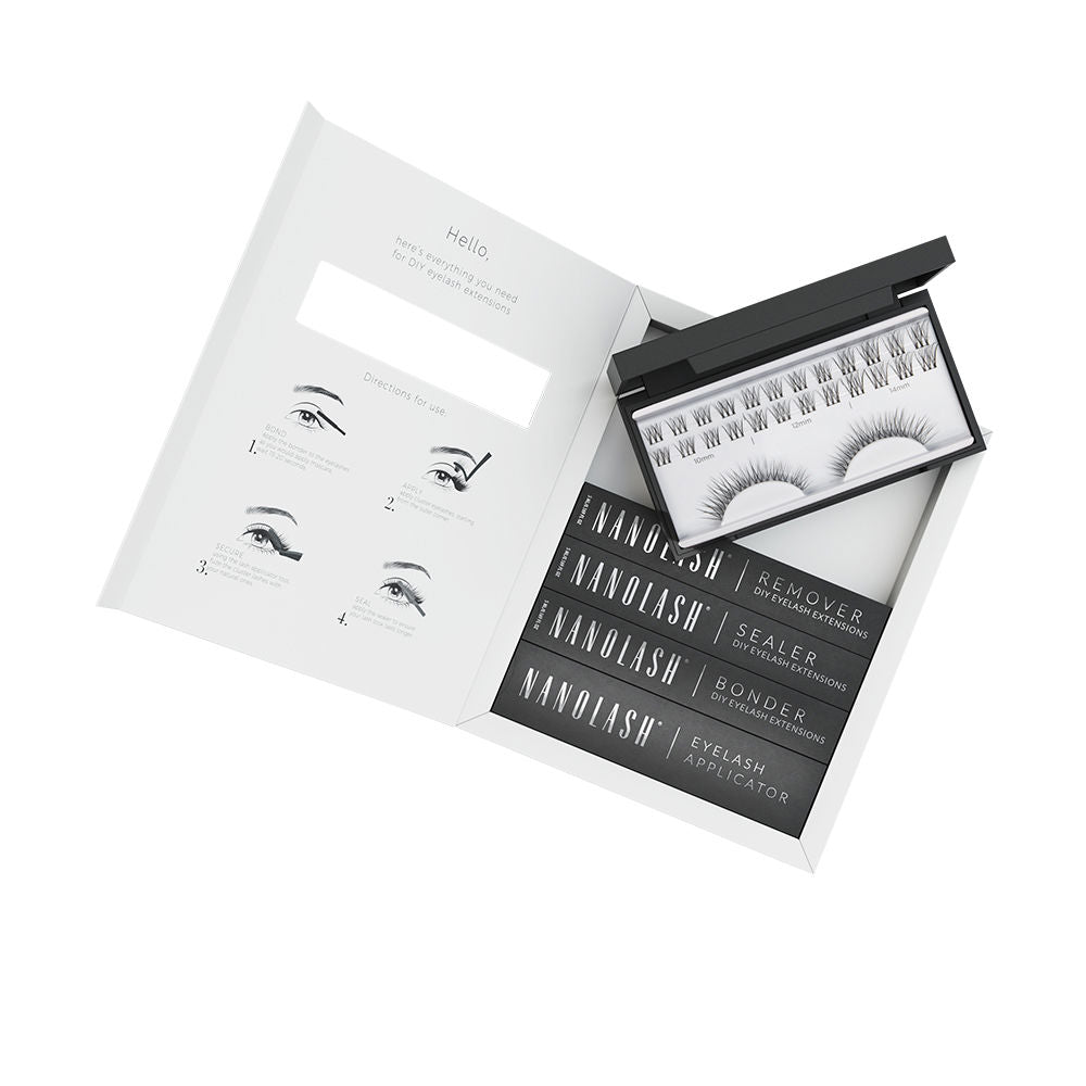 Nanolash White and black minimalist DIY eyelash extension kit with multiple small boxes and instruction illustrations