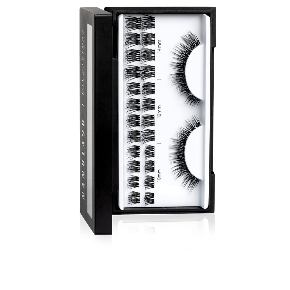 Nanolash black and white cluster false eyelashes in mixed 10–14mm lengths with applicator visible